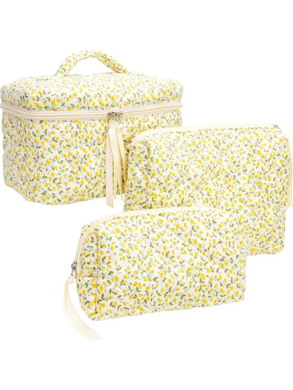 Floral Yellow 3-Piece Quilted Makeup Bag Set for Women | Cosmetic & Toiletry